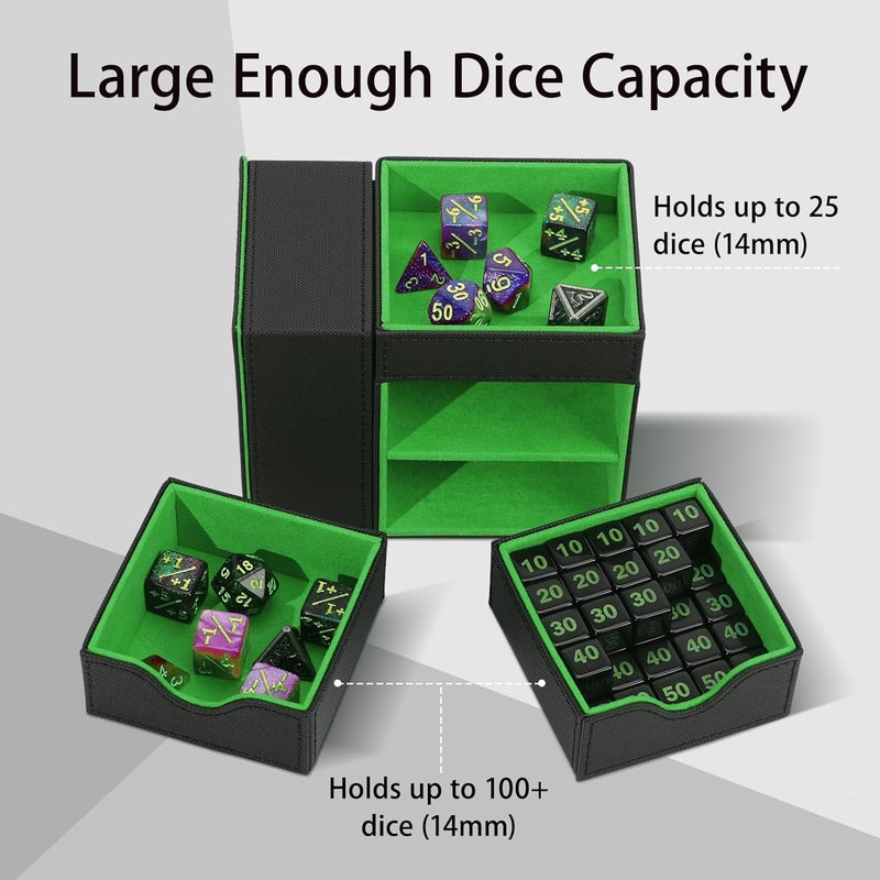 Stepane Dice Tray & Dice Tower Storage Box, 3 in 1 Dice Holder Case (Dice Rolling Tray, Dice Rolling Tower, Dice Storage Drawers), Leather Magnetic Closure DND Accessories Gifts for RPG MTG, Black/Green - Image 3